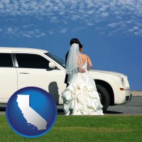 california map icon and a white wedding limousine