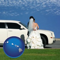 hawaii map icon and a white wedding limousine
