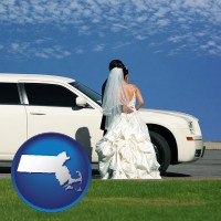 massachusetts map icon and a white wedding limousine