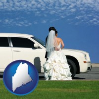 maine map icon and a white wedding limousine
