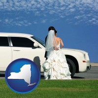 new-york map icon and a white wedding limousine
