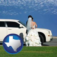 texas map icon and a white wedding limousine