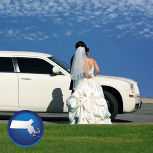 a white wedding limousine - with Massachusetts icon