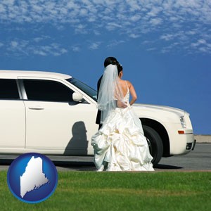 a white wedding limousine - with Maine icon